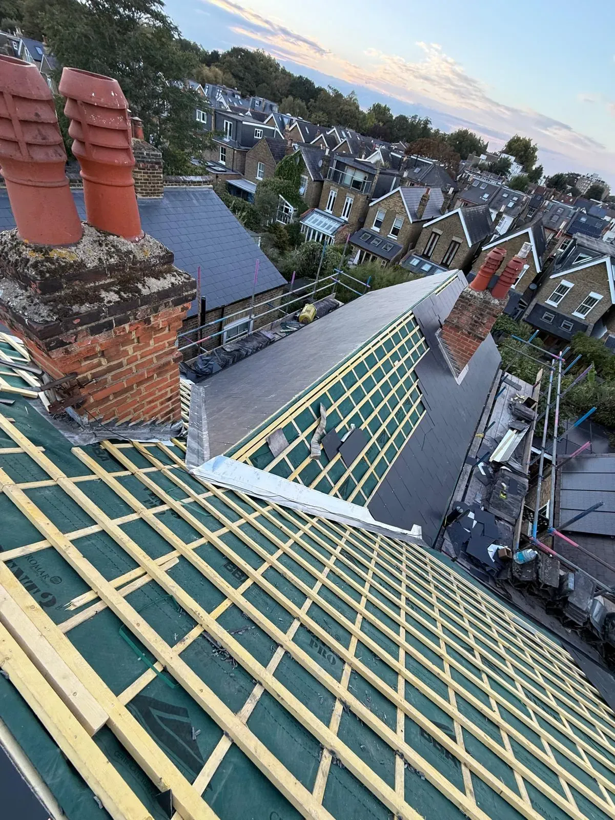 Roof stripped back to new battens and membrane during a re-roof